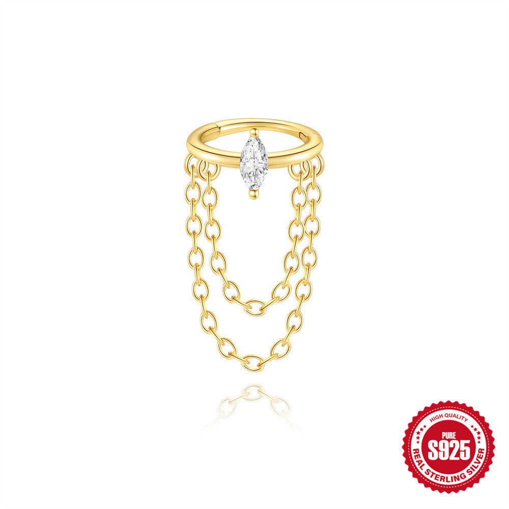 S925 Sterling Silver Geometric Diamond Tassel Chain Cartilage Ear Wheel Ring