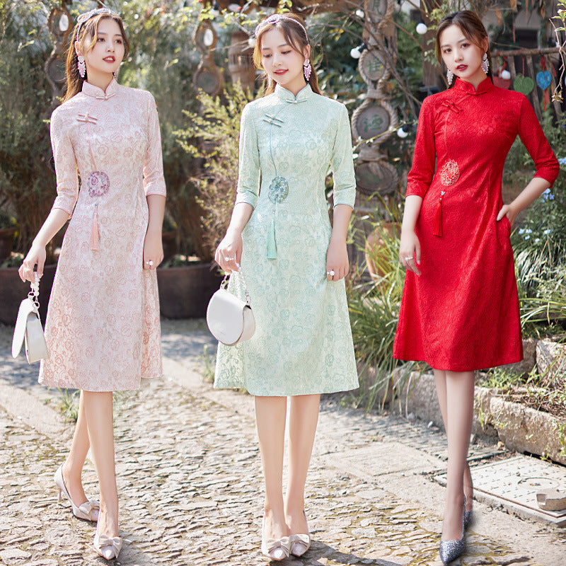Winter Clothes Seven Point Sleeve Improved A-hem Chinese Style Dress