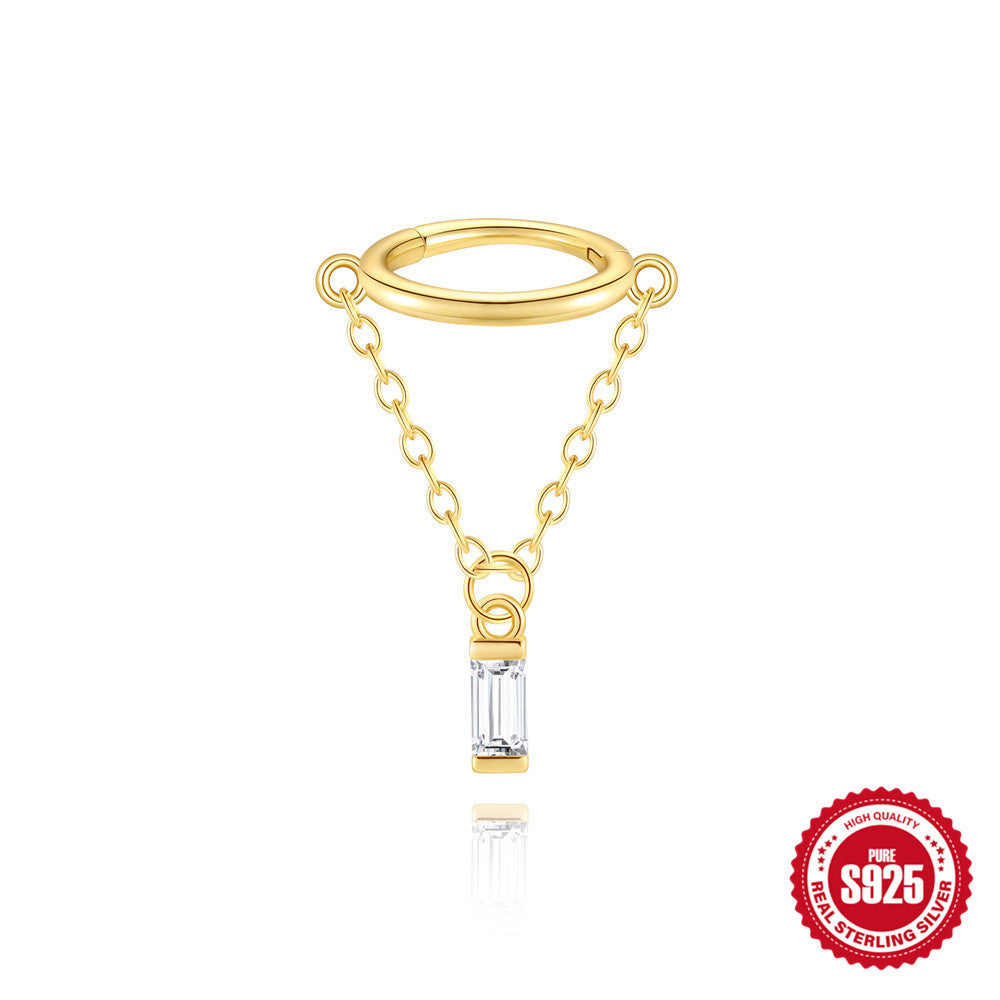 S925 Sterling Silver Geometric Diamond Tassel Chain Cartilage Ear Wheel Ring