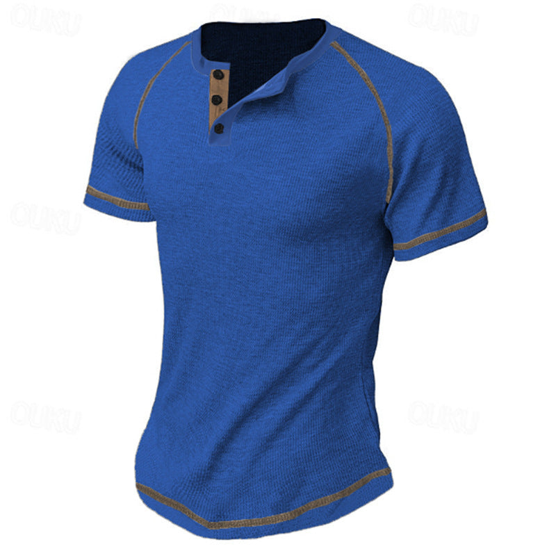 Round Neck Men's Heavy Waffle Casual Henry Short Sleeve