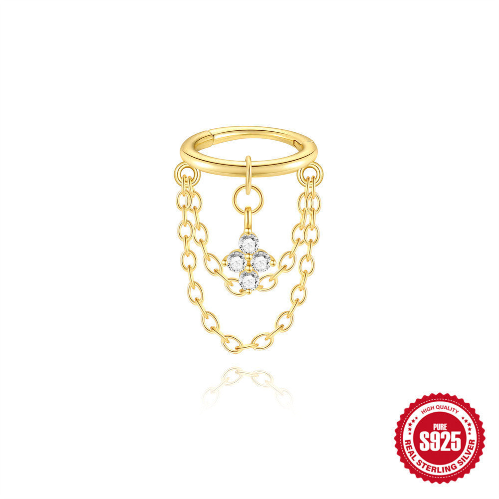 S925 Sterling Silver Geometric Diamond Tassel Chain Cartilage Ear Wheel Ring