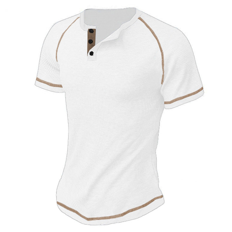 Round Neck Men's Heavy Waffle Casual Henry Short Sleeve