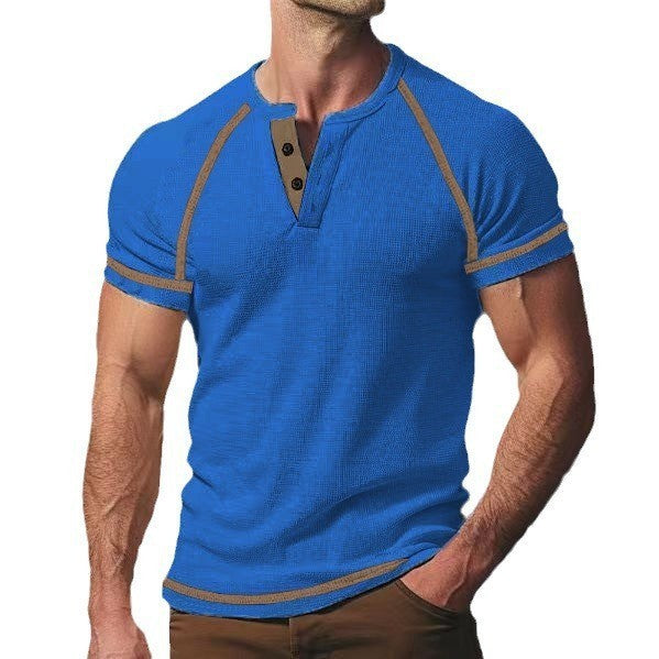 Round Neck Men's Heavy Waffle Casual Henry Short Sleeve