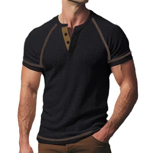 Round Neck Men's Heavy Waffle Casual Henry Short Sleeve