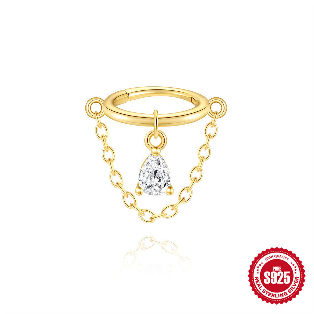 S925 Sterling Silver Geometric Diamond Tassel Chain Cartilage Ear Wheel Ring