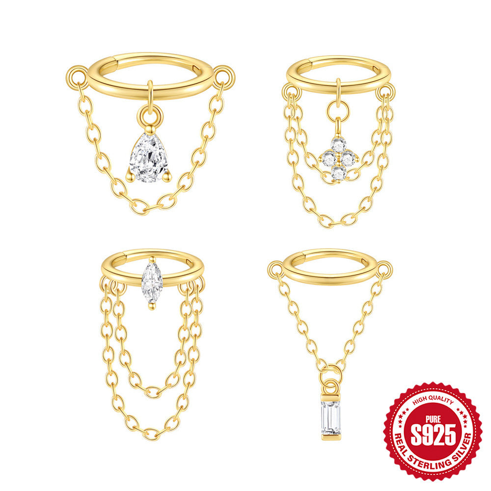S925 Sterling Silver Geometric Diamond Tassel Chain Cartilage Ear Wheel Ring